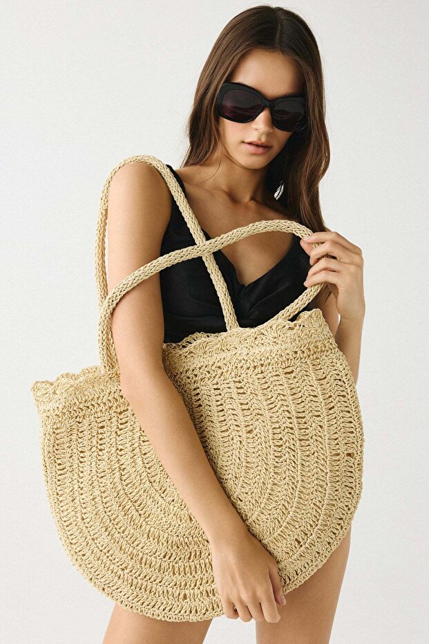 Wicker Weave Handle Shoulder Bag Y9225 Beige