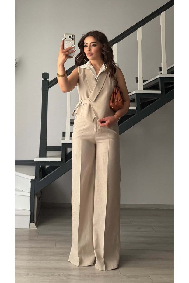 Stone cotton linen shirt detailed vest-pants set