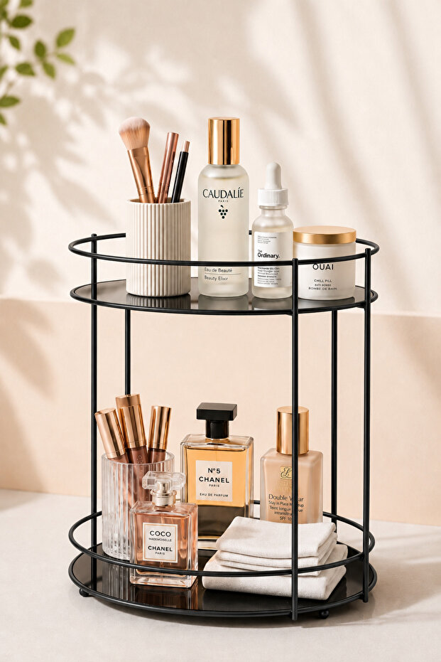 Black | | Leon 2-Tier Makeup Organizer Metal Cosmetic Organizer Perfume Stand Bathroom Countertop 2-Tier Shelf ✨ Height 25 cm ✨ Diameter 20 cm ✨ 20 cm Multi-Purpose Decorative Organizer Stand between 2 Shelves