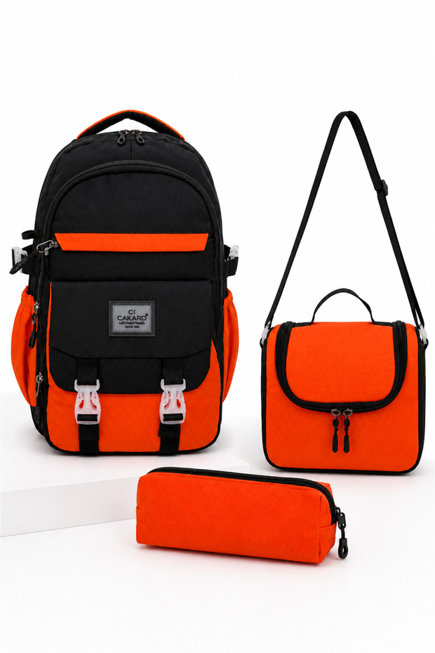 Orange Black 3-Piece School Bag Set | Waterproof Backpack + Lunch Box + Pen Holder | Primary School Middle School
