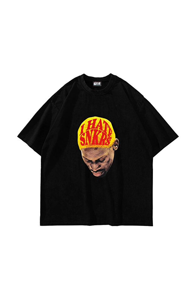 تي شيرت أسود كبير الحجم مطبوع عليه Hate Snkrs للجنسين