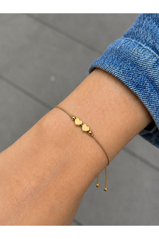 Minimal Chance Bracelet with Two Heart Figures, Gold Detailed, Adjustable, Non-Tarnishing