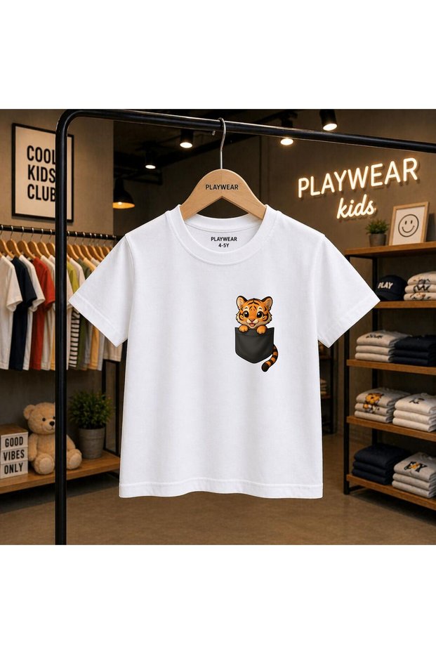 Little Tiger Pocket Printed 100% Kids Unisex T-Shirt 5 6 -7 8-9 10 -11 12 Years Old