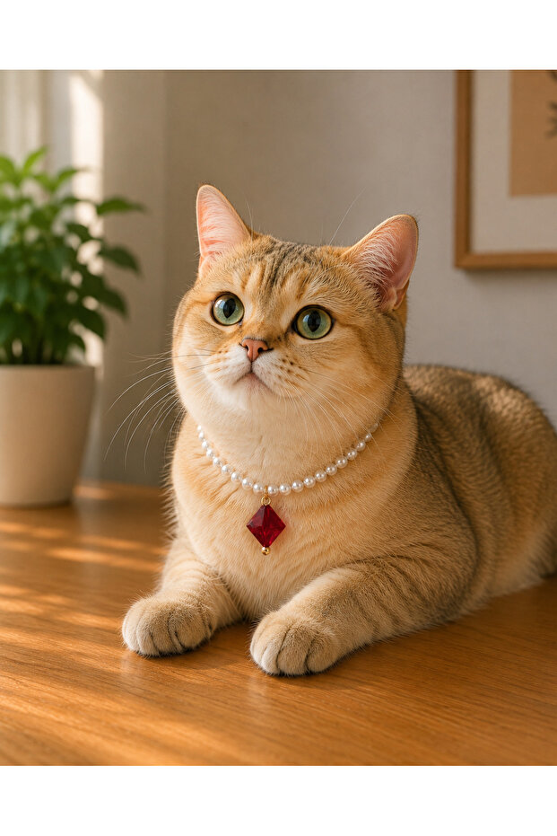 Red Dangle Pearl Cat Necklace - 1