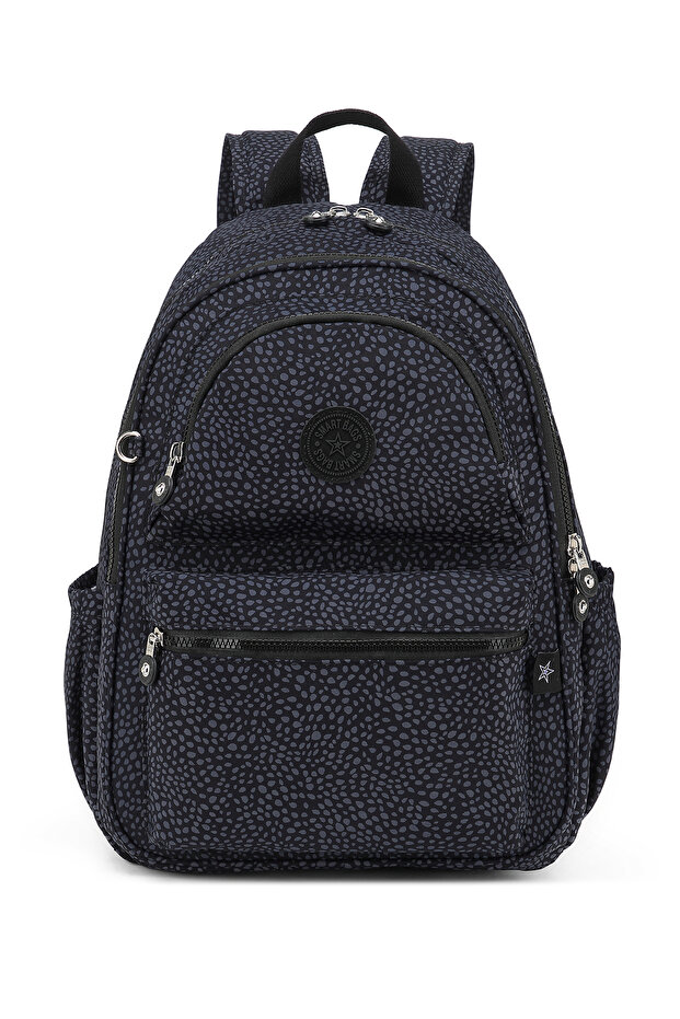 Large Size Waterproof Crinkle Fabric School Bag with Laptop Compartment Polka Dot Black