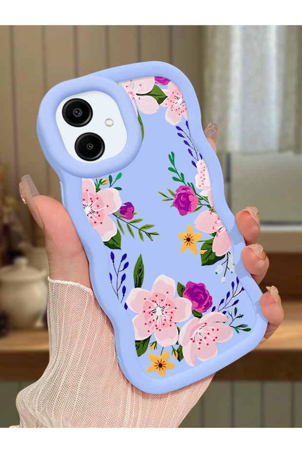 Samsung Galaxy A06 Compatible Case Camera Protector Blue Silicone Couple Phone Case Floral Pattern