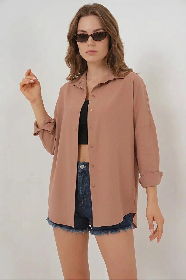 Women's Oversize Cut Basic Cotton Camel Shirt