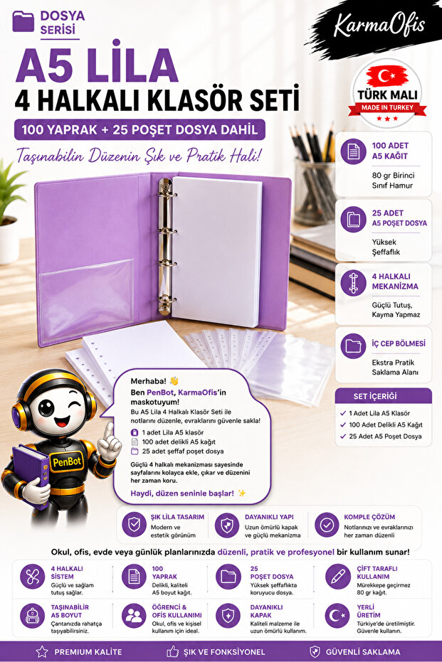 KarmaOfis A5 Lila 4 Halkalı Klasör Seti 100 Yaprak 80 gr Kağıt + 25 Poşet Dosya Yerli Üretim