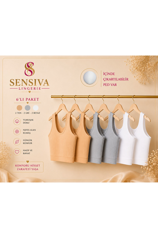 6-Piece Ribbed Thick Strap Bustier - with Removable Pads - Cotton Crop Half Tank Top - Wire-Free Comfort (6 Pieces) 2 Nude - 2 Gray - 2 White