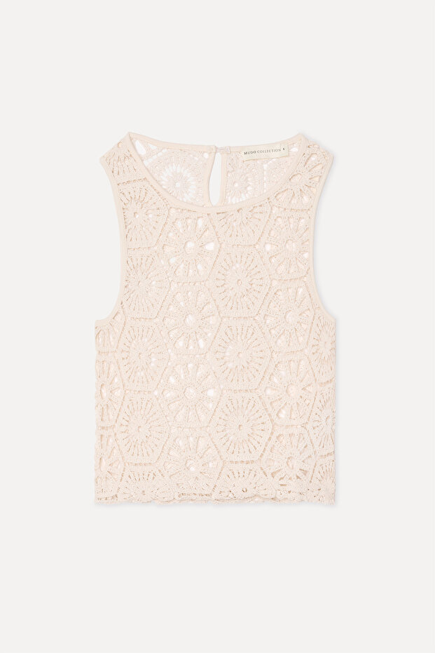 Women's Ecru Jacquard Crew Neck Sleeveless Blouse