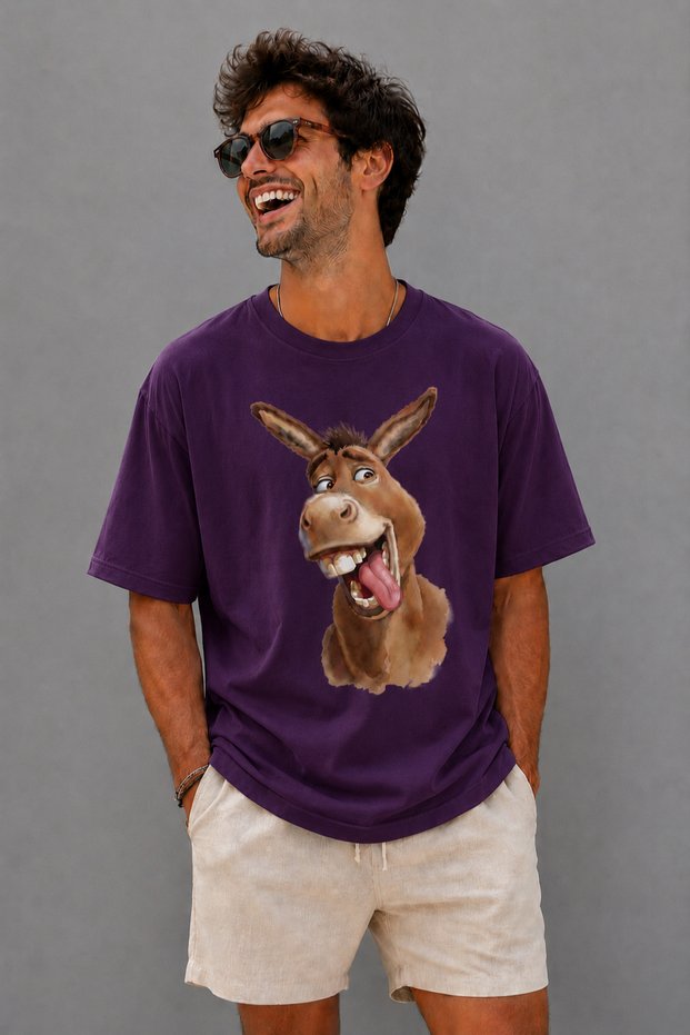 Funny Donkey Character Printed Unisex Oversize T-Shirt – Cotton Crew Neck Casual T-Shirt