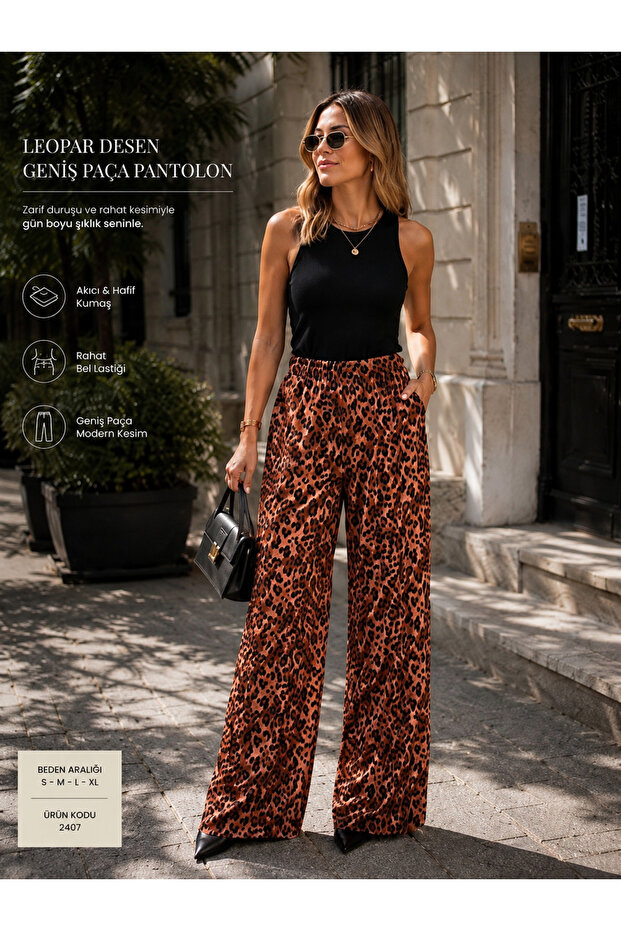 Women's Leopard Patterned Flowy Satin Fabric Wide Leg Pants