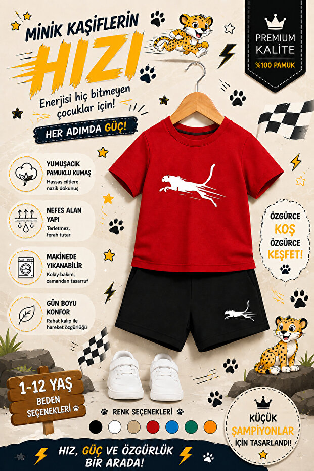 Cheetah Printed Children's Set – T-Shirt & Shorts 2-Piece Combination | Trendy Summer Set for Ages 1-12
