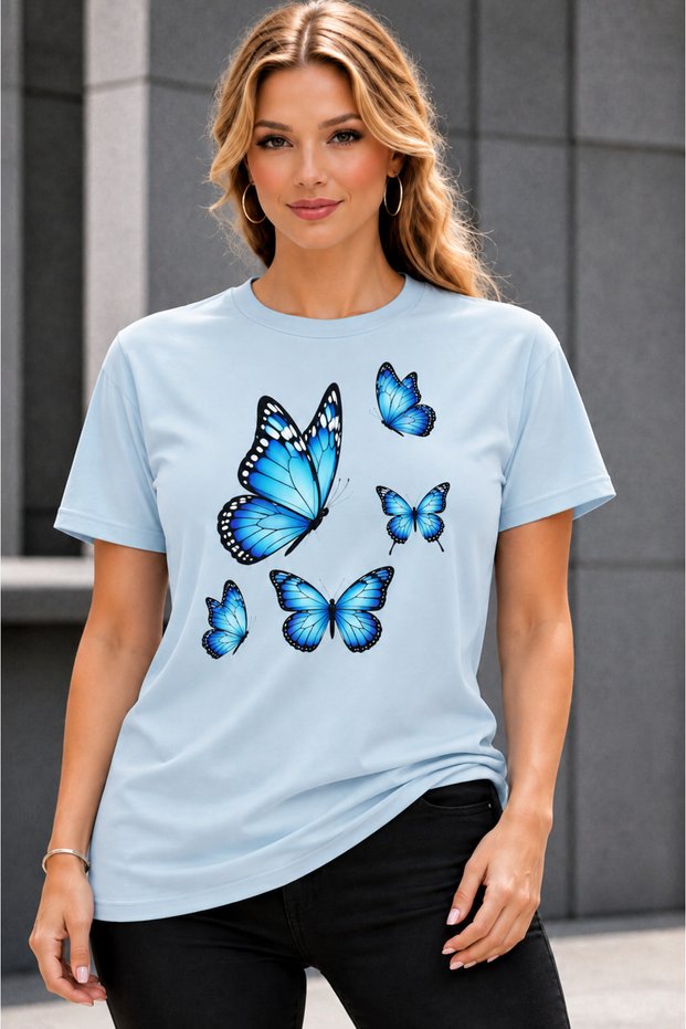 Women's Oversize T-Shirt Colorful Butterflies Printed 100% Cotton T-Shirt Comfortable Fit