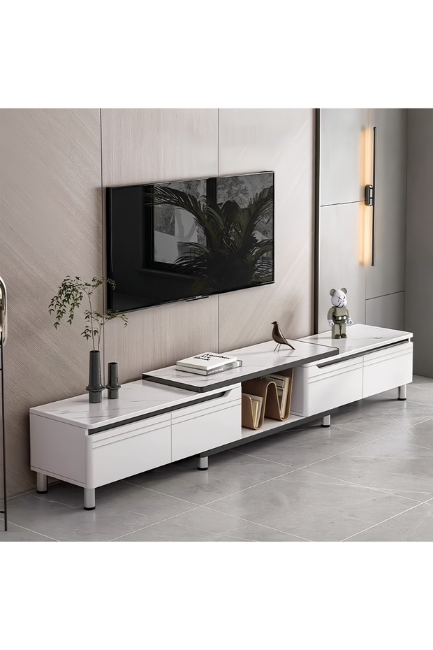 حامل تلفزيون عصري قابل للتمديد لشاشات 55-75 بوصة، وحدة تخزين وسائط بتصميم رخامي أبيض