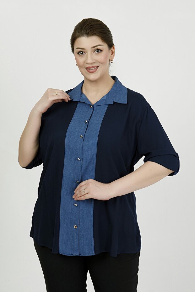 Women's Navy Blue Garnished Viscose Plus Size Shirt
