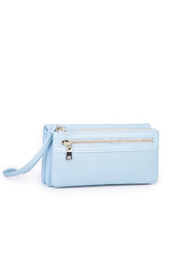 Women's Soft Textured Large Wallet with Multiple Card Holders and Multi-Compartment Wrist Strap, Blue
