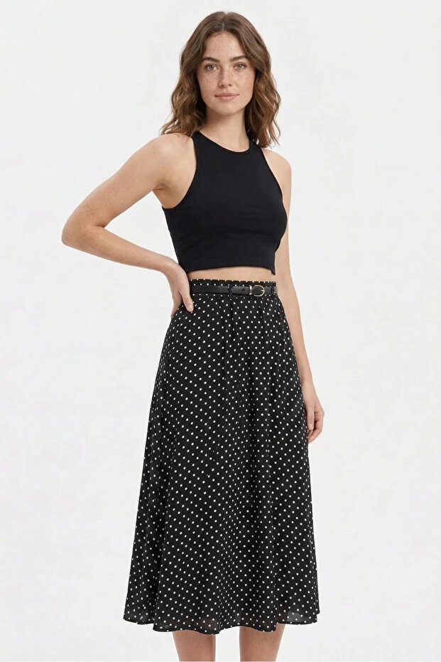 Women's Belted Polka Dot Black Skirt