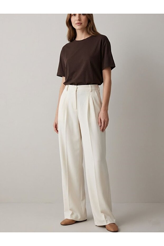 Front Pleated Detail Palazzo Trousers-Ecru