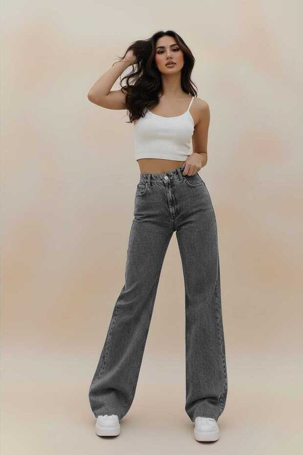 Women's High Waist Anthracite Palazzo Jeans Lycra Smoked Jeans