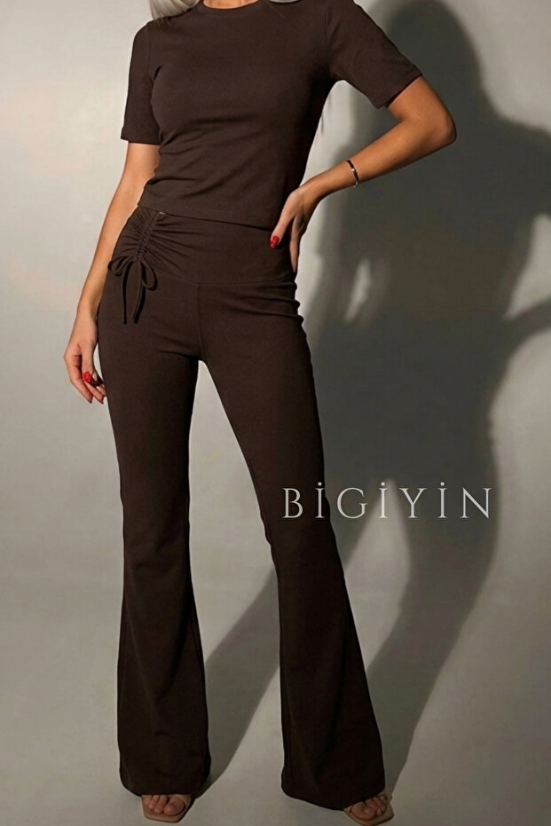 Women's Brown Drawstring Diver Tights and Short Sleeve T-Shirt Two-Piece Set