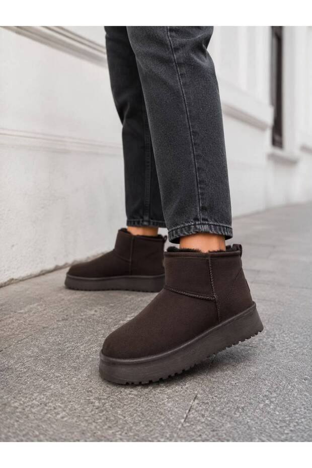 Women's Brown Suede Fur Lined Thick Sole Mini Ankle Length Daily Winter Boots