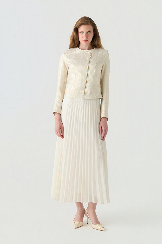 Asymmetric Zippered Lace Textured Pleated Gold Suit 1780
