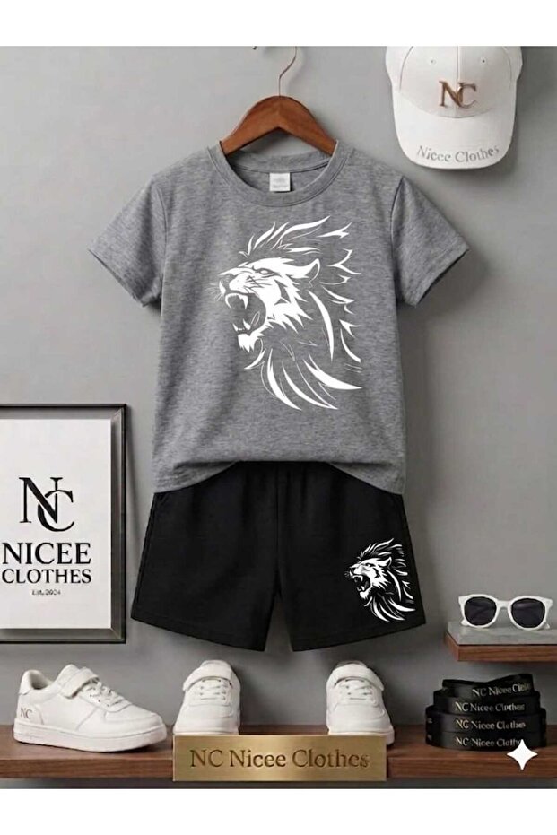 Summer Children's T-Shirt Shorts Unisex (Lion Drawing Print)
