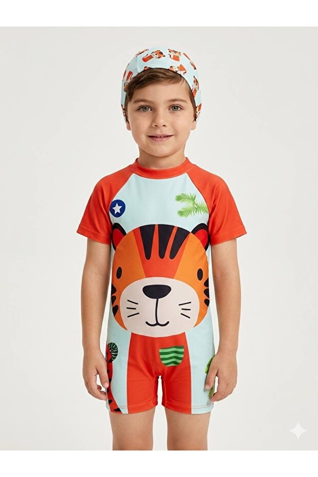 Boy/Baby Tiger Figured Shorts, Overalls, Swimsuit and Cap Set