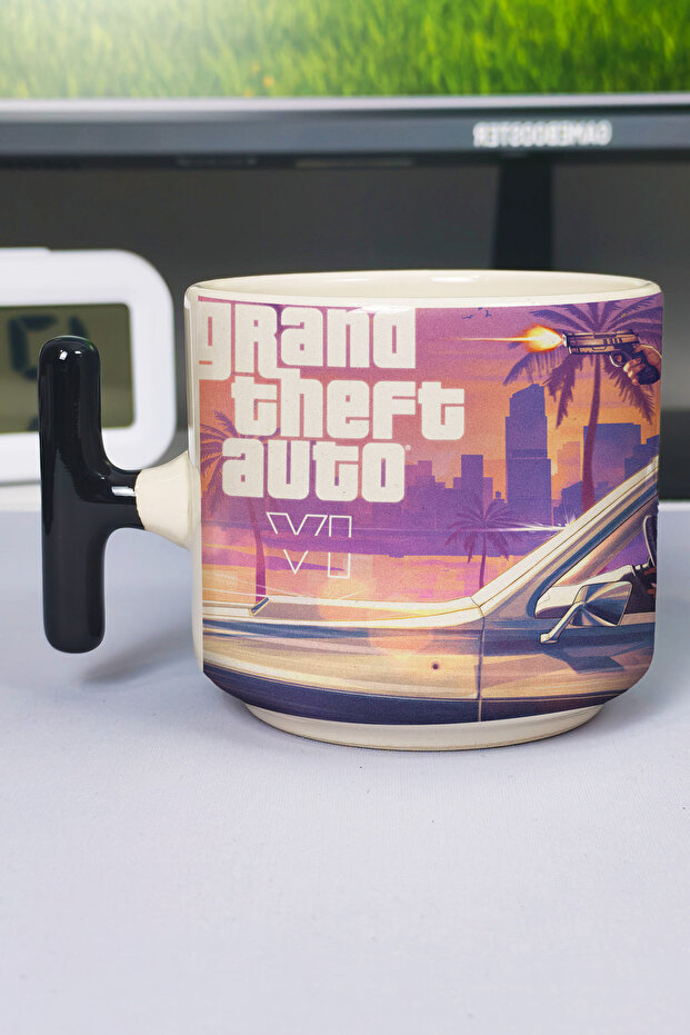 كوب سيراميك فاخر مطبوع عليه GTA 6 (قطعة واحدة) على شكل حرف T بمقبض أسود خاص V2T