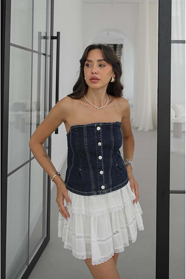 Navy Blue Buttoned Front Strapless Denim Blouse