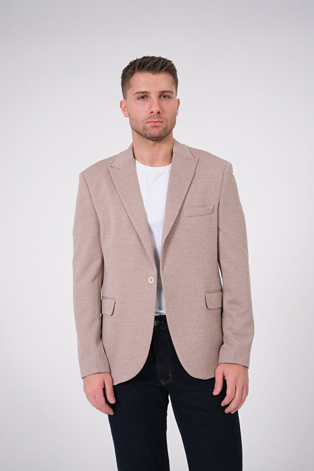 Men's Slim Fit Blazer Jacket Beige White Dotted