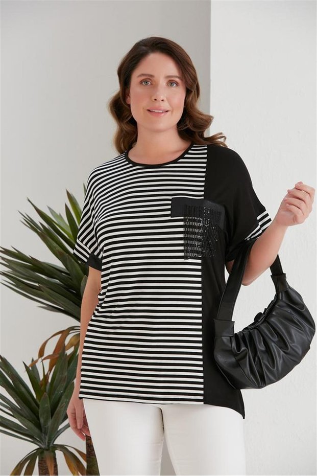Plus Size Black and White Striped Short Sleeve T-Shirt