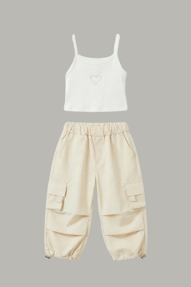 La Ciel Paris Girls' Crop and Parachute Pants Set Cream