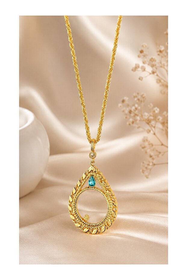 Zircon Stone Half Gold Frame Necklace and Rope Chain for Wearing 60 cm - M6
