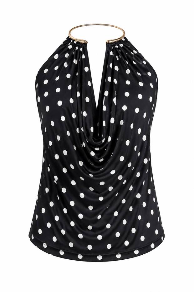 Polka Dot Backless Draped Blouse Halter Neckline Sandy Fabric