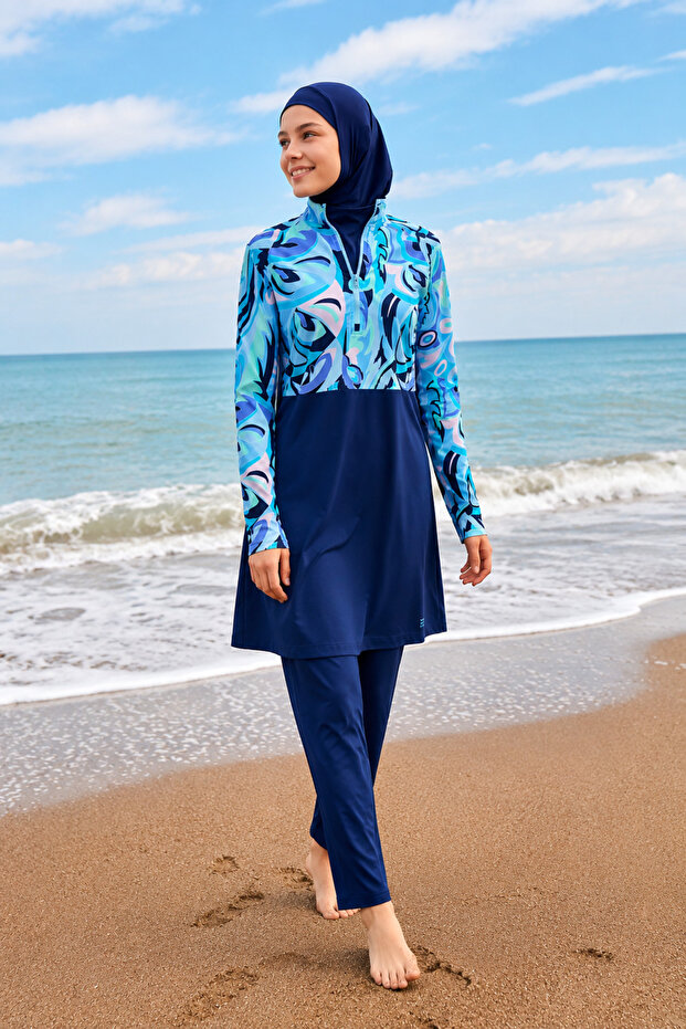 Girl Waitress Boy Hijab Swimsuit Navy Blue G2498