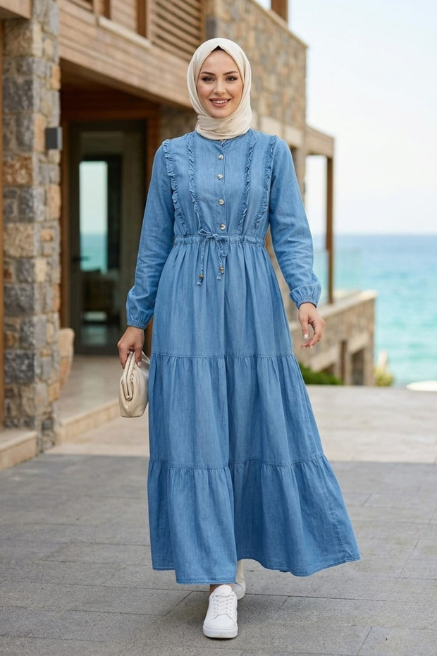 Women's Buttoned Ruffle Detailed Light Blue Denim Dress