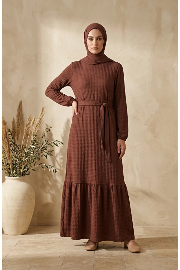 Bubble Fabric Elastic Sleeve Belted Dress 0510-04 Brown
