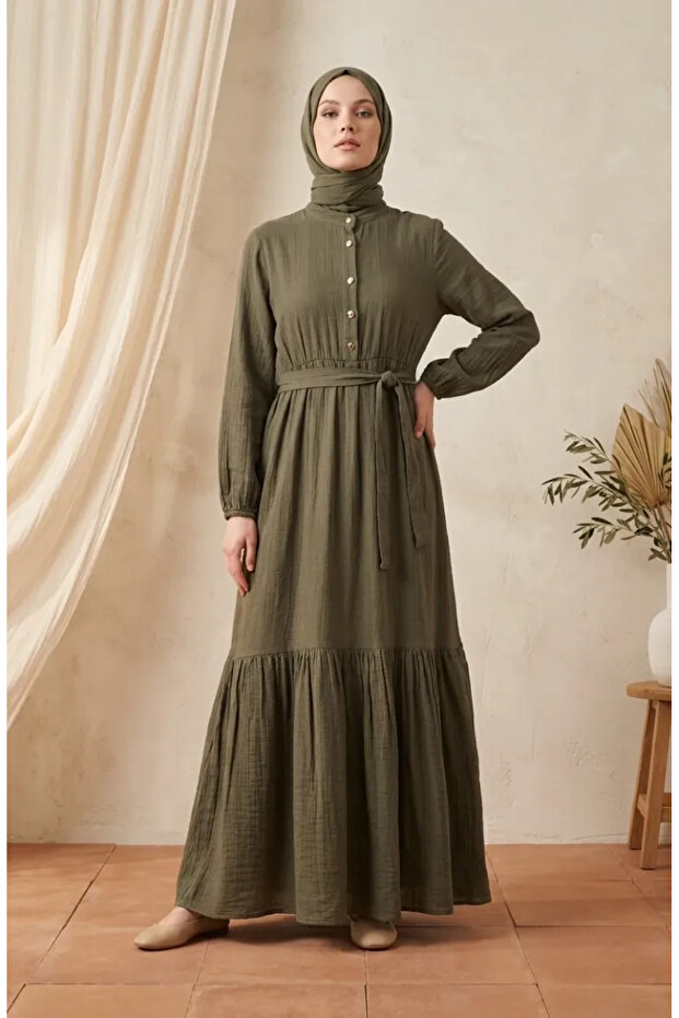 Hakim Collar Half Button Belted Dress 0302-10 Dark Khaki