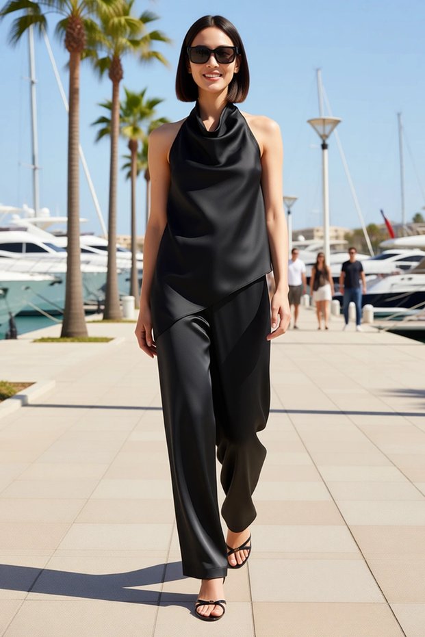 Women's Degaje Collar Sleeveless Satin Woven Long Suit Wide Leg Straight Pattern Party Combinations Daily Casual