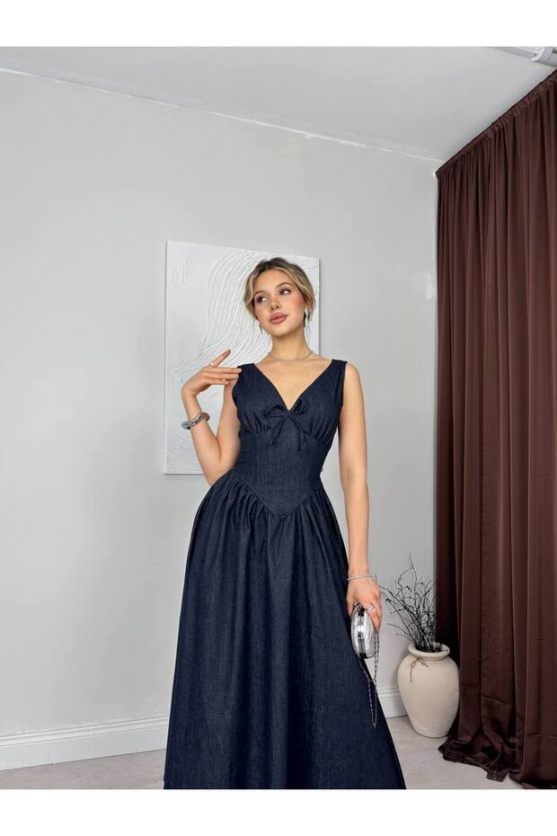 Navy Blue V-Neck Midi Length Jean Dress