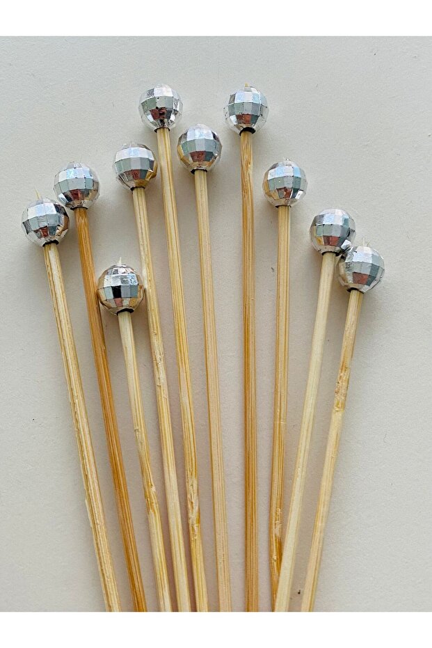 No:108 - 15 Pieces 15 cm Cocktail Long Toothpicks and Stirrers - Silver Color Disco Ball Beaded 1.4 cm