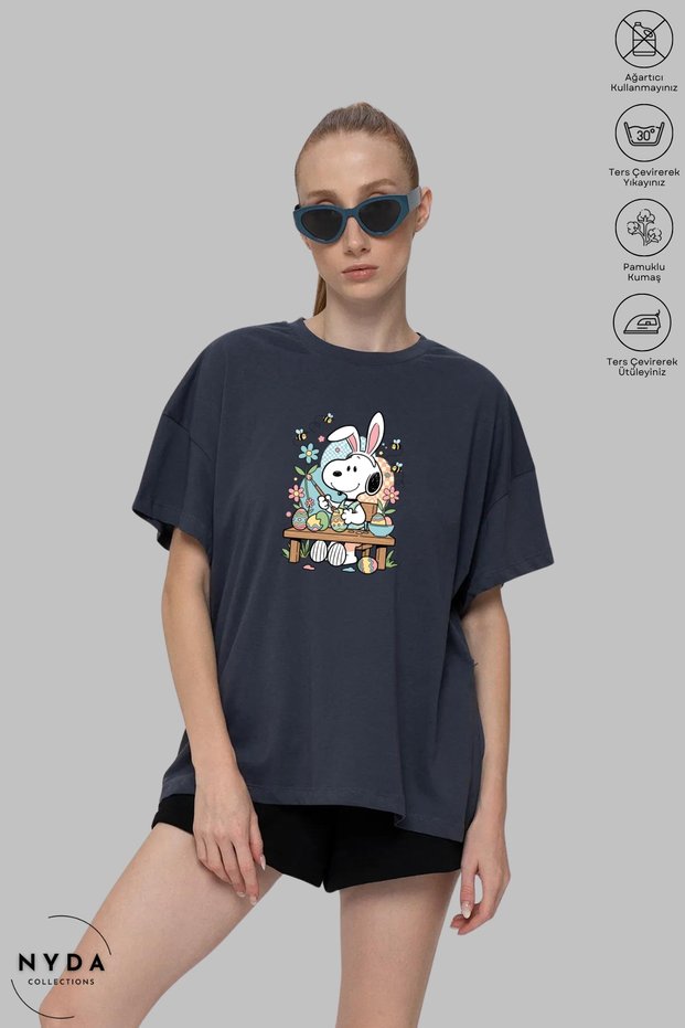 Unisex Crew Neck Snoopy Painting Printed Cotton Oversize Short Sleeve T-Shirt