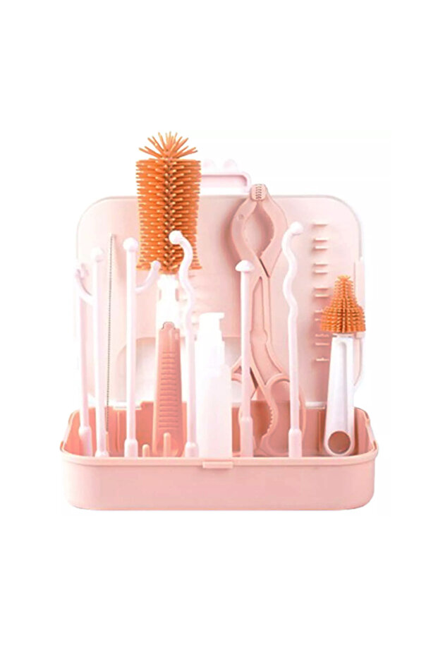 - 7-In-1 Baby Bottle Cleaning Brush & Rack Travel Set - Pink