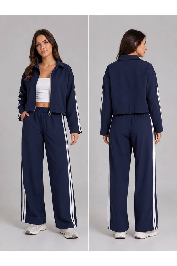 Women's Navy Blue Stripe Detailed Zippered Jacket and Wide Leg Sweatpants Set