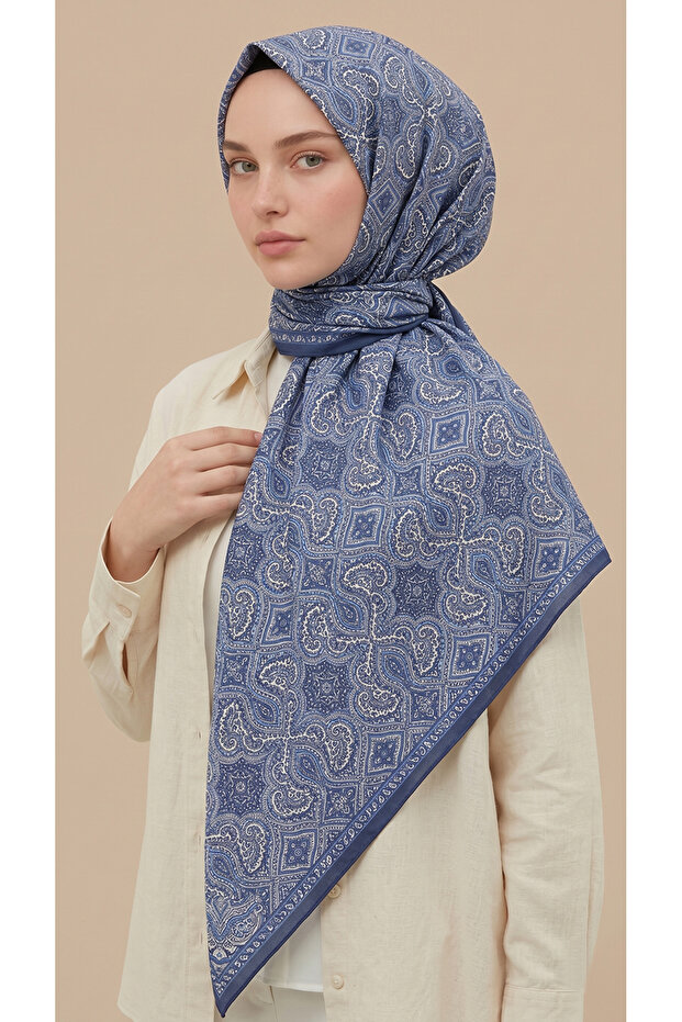 Mi̇reya 120*120 cm Cotton Scarf - Dark Blue