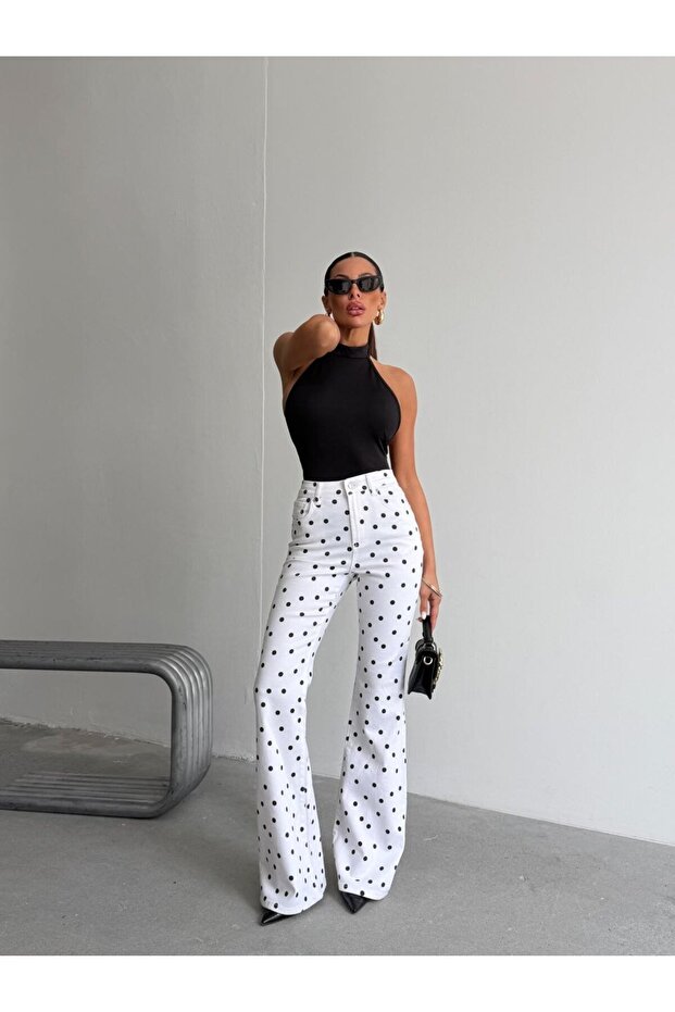 Trendy Wide Leg Polka Dot Patterned White Denim Jeans - Trendy Wide Leg Polka Dot Denim Jeans