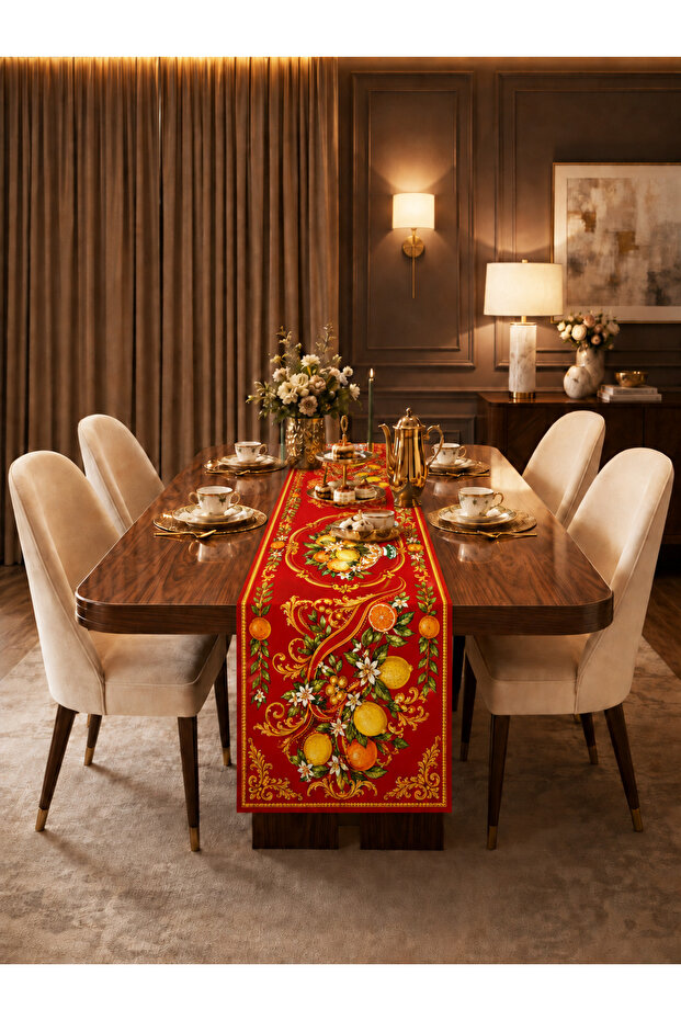 Red Lemon and Orange Patterned Modern Decorative Runner Tablecloth
