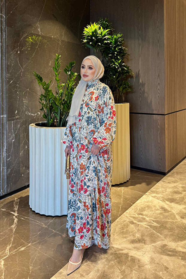 Pomegranate Flower Half Buttoned Sleeves Elastic Patterned Viscose Dress